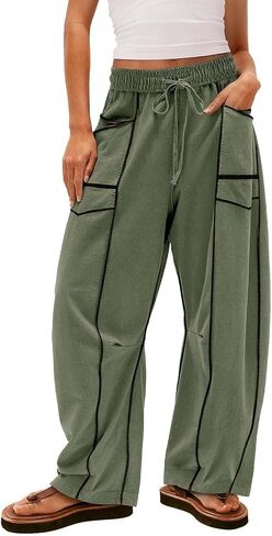 Womens Barrel Wide Leg Pants, Plus Size Drawstring Waist Sweatpants, 2025 Fall Casual Beach Palazzo Trousers with Pockets in Saudi Arabia
