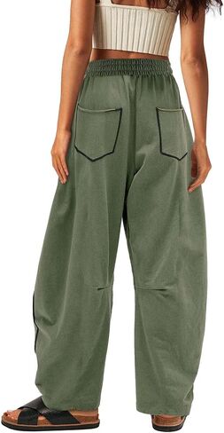 Womens Barrel Wide Leg Pants, Plus Size Drawstring Waist Sweatpants, 2025 Fall Casual Beach Palazzo Trousers with Pockets in Saudi Arabia