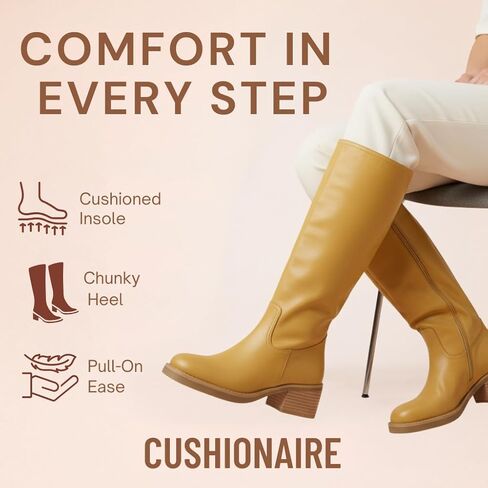 CUSHIONAIRE Sawyer جلد طبيعي طويل كعب مكتنز أحذية نسائية - سحب على أحذية عالية في الركبة عادية للنساء in Kuwait