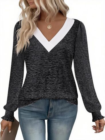 Yousify Women V Neck Striped Shirt Puff Ruffle Trim Long Sleeve Tunics Fall Basic Work Tops 2025 Casual Fashion T-Shirts in Saudi Arabia