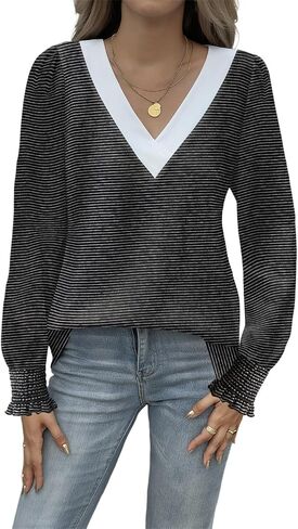 Yousify Women V Neck Striped Shirt Puff Ruffle Trim Long Sleeve Tunics Fall Basic Work Tops 2025 Casual Fashion T-Shirts in Saudi Arabia