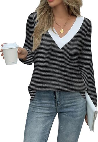 Yousify Women V Neck Striped Shirt Puff Ruffle Trim Long Sleeve Tunics Fall Basic Work Tops 2025 Casual Fashion T-Shirts in Saudi Arabia