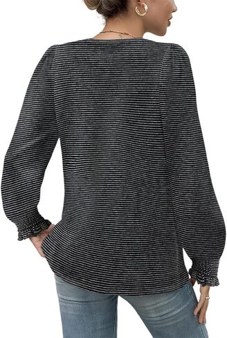 Yousify Women V Neck Striped Shirt Puff Ruffle Trim Long Sleeve Tunics Fall Basic Work Tops 2025 Casual Fashion T-Shirts in Saudi Arabia