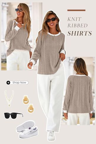 CFLONGE Fall Tops for Women Trendy 2025 Crewneck Long Sleeve Business Casual Shirts Fashion Knit Ribbed Tunic Going Out Tops in Saudi Arabia