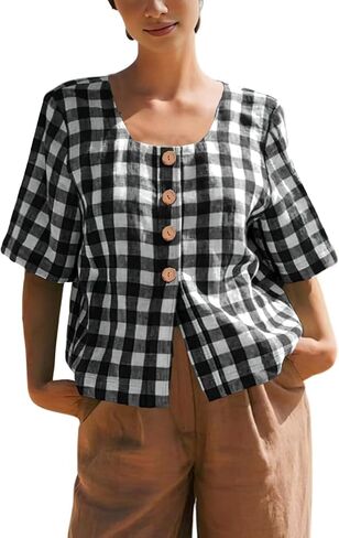 chouyatou Women's Gingham Button Down Shirt Cotton Shirt Plaid Blouses Short Sleeve Summer Tunic Tops in Saudi Arabia