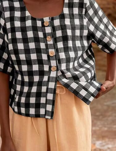 chouyatou Women's Gingham Button Down Shirt Cotton Shirt Plaid Blouses Short Sleeve Summer Tunic Tops in Saudi Arabia