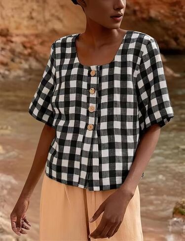 chouyatou Women's Gingham Button Down Shirt Cotton Shirt Plaid Blouses Short Sleeve Summer Tunic Tops in Saudi Arabia