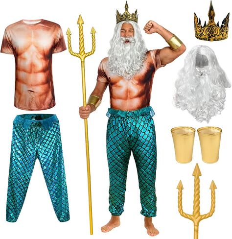 FINASKASU 7 Pcs Halloween Costumes Set Mermaid Pants Muscle Shirt Fork Crown Beard Wig Wrist Cuffs in Saudi Arabia