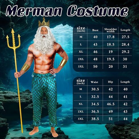 FINASKASU 7 Pcs Halloween Costumes Set Mermaid Pants Muscle Shirt Fork Crown Beard Wig Wrist Cuffs in Saudi Arabia