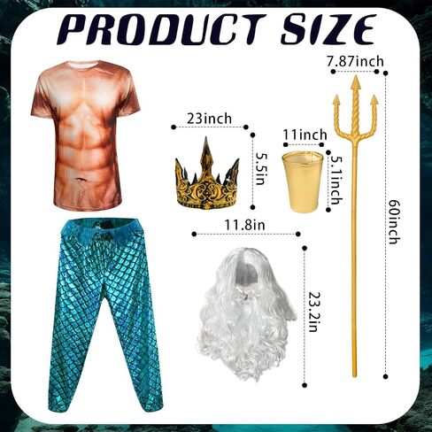 FINASKASU 7 Pcs Halloween Costumes Set Mermaid Pants Muscle Shirt Fork Crown Beard Wig Wrist Cuffs in Saudi Arabia