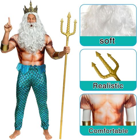FINASKASU 7 Pcs Halloween Costumes Set Mermaid Pants Muscle Shirt Fork Crown Beard Wig Wrist Cuffs in Saudi Arabia