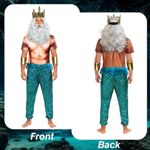 FINASKASU 7 Pcs Halloween Costumes Set Mermaid Pants Muscle Shirt Fork Crown Beard Wig Wrist Cuffs in Saudi Arabia