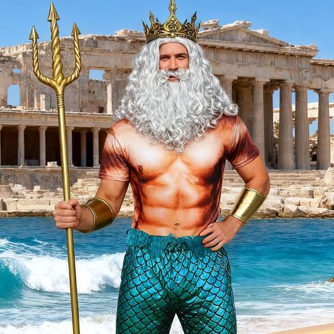 FINASKASU 7 Pcs Halloween Costumes Set Mermaid Pants Muscle Shirt Fork Crown Beard Wig Wrist Cuffs in Saudi Arabia