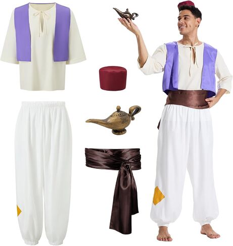 Arabian Prince Costume for Men - Adjustable Polyester Set with Vest, Harem Pants & Lamp | Halloween Outfit in Saudi Arabia