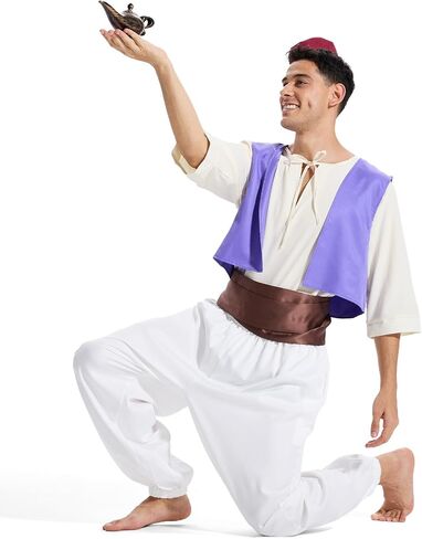 Arabian Prince Costume for Men - Adjustable Polyester Set with Vest, Harem Pants & Lamp | Halloween Outfit in Saudi Arabia