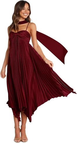 Smileven Satin Spaghetti Strap Bridesmaid Dresses with Scarf Midi Pleated Formal Wedding Guest Gowns in Saudi Arabia
