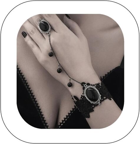 Gothic Black Lace Bracelet with Finger Ring Retro Flower Rose Gemstone Harness Bracelet Punk Vampire Lolita Cosplay Party Slave Hand Jewelry for Women in Kuwait