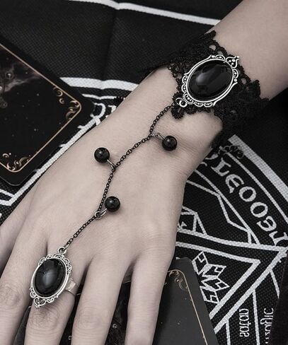 Gothic Black Lace Bracelet with Finger Ring Retro Flower Rose Gemstone Harness Bracelet Punk Vampire Lolita Cosplay Party Slave Hand Jewelry for Women in Kuwait