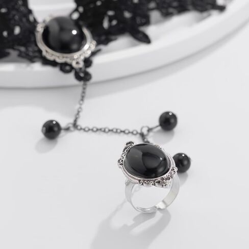 Gothic Black Lace Bracelet with Finger Ring Retro Flower Rose Gemstone Harness Bracelet Punk Vampire Lolita Cosplay Party Slave Hand Jewelry for Women in Kuwait