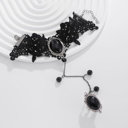 Gothic Black Lace Bracelet with Finger Ring Retro Flower Rose Gemstone Harness Bracelet Punk Vampire Lolita Cosplay Party Slave Hand Jewelry for Women in Kuwait