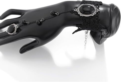 Gothic Black Lace Bracelet with Finger Ring Retro Flower Rose Gemstone Harness Bracelet Punk Vampire Lolita Cosplay Party Slave Hand Jewelry for Women in Kuwait