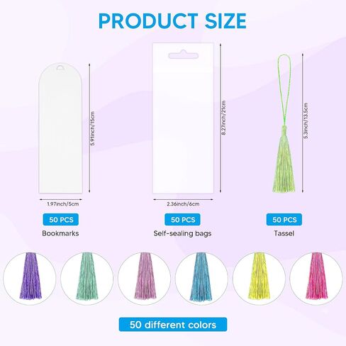 50 Sets Sublimation Blank Bookmarks Double Sided with Colorful Sleeves Tassels,Clear Bookmark and Self-Sealing Bags,Heat Transfer Metal Aluminum DIY Bookmark with Hole in Saudi Arabia