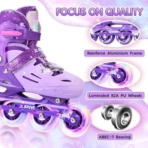 2PM SPORTS Inline Skates for Girls Boys Kids Age 4-8 5-8 6-12 8-12 with Light Up Wheels, Adjustable Inline Skates for Women Youth Size 11C 1 2 3 4 5 6 7 8 in Kuwait