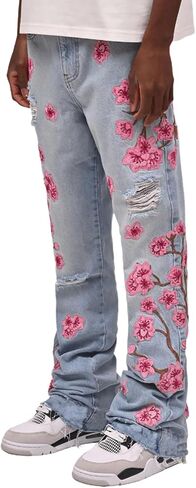 Men's Baggy Jeans Mid Rise Floral Embroidery Ripped Bootcut Jeans Straight Leg Denim Pants Hip Hop Streetwear Trousers in Kuwait