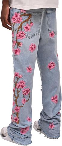 Men's Baggy Jeans Mid Rise Floral Embroidery Ripped Bootcut Jeans Straight Leg Denim Pants Hip Hop Streetwear Trousers in Kuwait