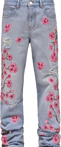 Men's Baggy Jeans Mid Rise Floral Embroidery Ripped Bootcut Jeans Straight Leg Denim Pants Hip Hop Streetwear Trousers in Kuwait