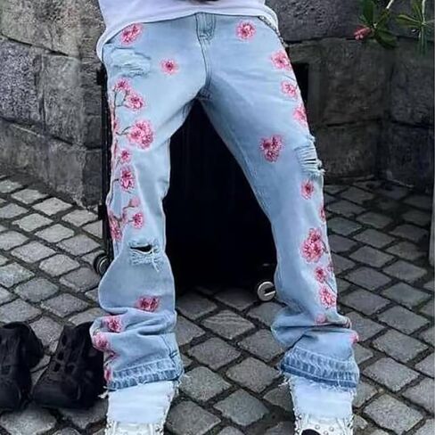 Men's Baggy Jeans Mid Rise Floral Embroidery Ripped Bootcut Jeans Straight Leg Denim Pants Hip Hop Streetwear Trousers in Kuwait