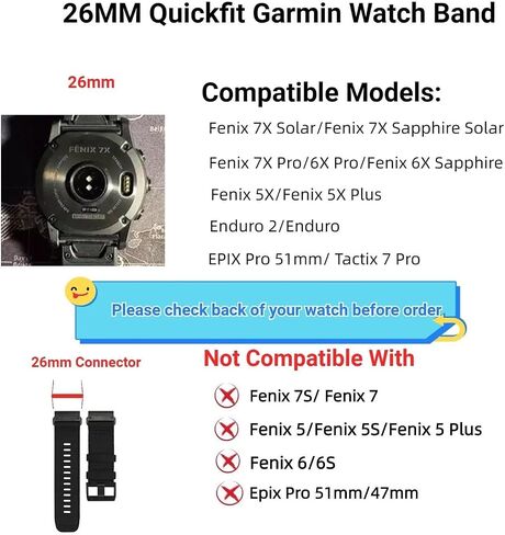 سوار ساعة Quickfit مقاس 26 مم متوافق مع Garmin Fenix ​​7X/6X/5X/Enduro 2، حزام رياضي من النايلون المتين، لـ Garmin Fenix ​​7X Pro Sapphire Solar/ 6X Pro/5X Plus/Tactix 7 in Saudi Arabia