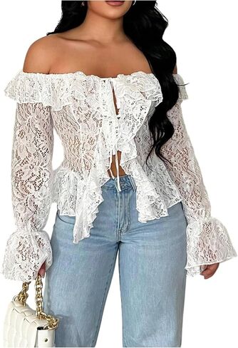 Floerns Women's Off The Shoulder Tie Front Lace Blouse Tops Ruffle Slit Hem Going Out Tops in Saudi Arabia