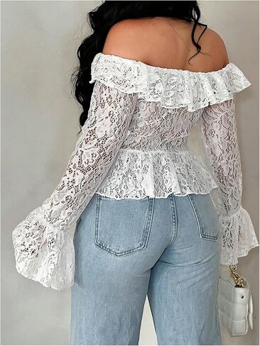 Floerns Women's Off The Shoulder Tie Front Lace Blouse Tops Ruffle Slit Hem Going Out Tops in Saudi Arabia