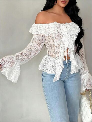 Floerns Women's Off The Shoulder Tie Front Lace Blouse Tops Ruffle Slit Hem Going Out Tops in Saudi Arabia