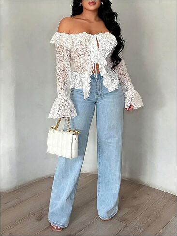 Floerns Women's Off The Shoulder Tie Front Lace Blouse Tops Ruffle Slit Hem Going Out Tops in Saudi Arabia