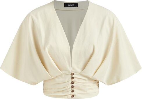 CIDER Shirts for Women V Neck Ruched Button Crop Top Cotton Blend Short Sleeve Oversized Casual Blouse in Saudi Arabia