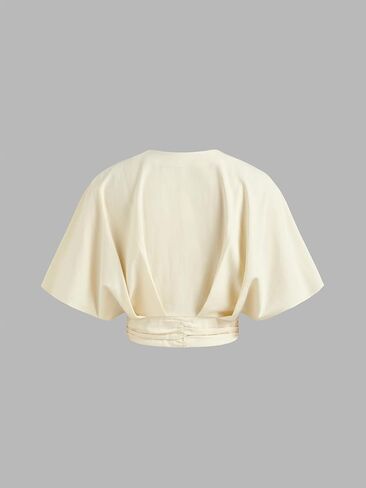 CIDER Shirts for Women V Neck Ruched Button Crop Top Cotton Blend Short Sleeve Oversized Casual Blouse in Saudi Arabia
