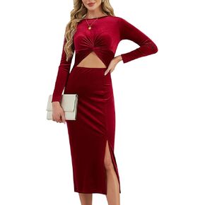 Women Bodycon Midi Dress Long Sleeve Cut Out Pencil Dress Sexy Velvet Side Slit Twist Front Skirt Party Cocktail in Saudi Arabia