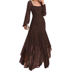 فستان نسائي رسمي طويل الأكمام طويل الأكمام بحاشية غير متماثلة ورقبة مربعة شبكية لحفلات الزفاف وحفلات الكوكتيل in Kuwait