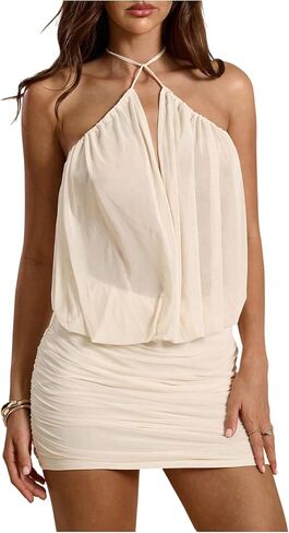فستان SweatyRocks النسائي الشفاف ذو الرسن بدون ظهر ثنيات Bodycon فساتين كوكتيل صغيرة in Saudi Arabia
