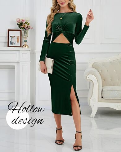فستان نسائي Bodycon ميدي بأكمام طويلة فستان ضيق مثير مخملي بفتحة جانبية تنورة أمامية لحفلات الكوكتيل in Kuwait