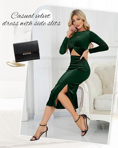 فستان نسائي Bodycon ميدي بأكمام طويلة فستان ضيق مثير مخملي بفتحة جانبية تنورة أمامية لحفلات الكوكتيل in Kuwait