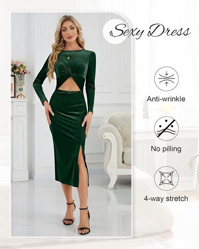 فستان نسائي Bodycon ميدي بأكمام طويلة فستان ضيق مثير مخملي بفتحة جانبية تنورة أمامية لحفلات الكوكتيل in Kuwait