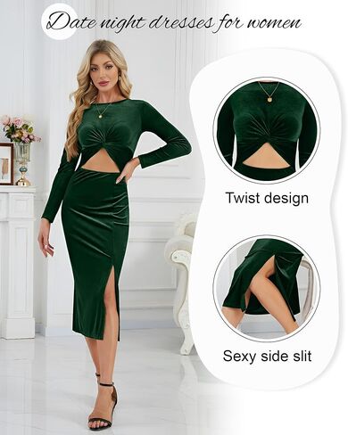 فستان نسائي Bodycon ميدي بأكمام طويلة فستان ضيق مثير مخملي بفتحة جانبية تنورة أمامية لحفلات الكوكتيل in Kuwait