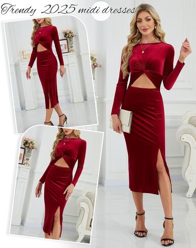 فستان نسائي Bodycon ميدي بأكمام طويلة فستان ضيق مثير مخملي بفتحة جانبية تنورة أمامية لحفلات الكوكتيل in Saudi Arabia