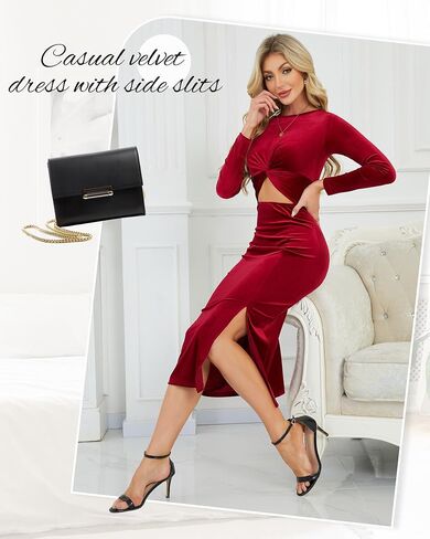 فستان نسائي Bodycon ميدي بأكمام طويلة فستان ضيق مثير مخملي بفتحة جانبية تنورة أمامية لحفلات الكوكتيل in Saudi Arabia