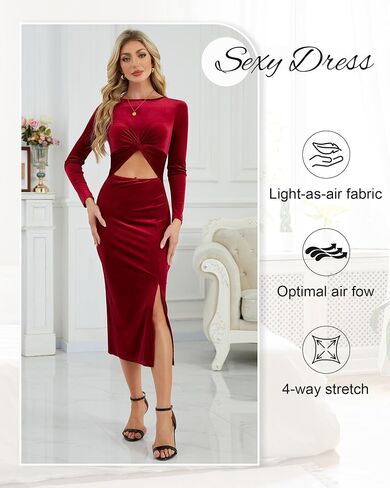 فستان نسائي Bodycon ميدي بأكمام طويلة فستان ضيق مثير مخملي بفتحة جانبية تنورة أمامية لحفلات الكوكتيل in Saudi Arabia