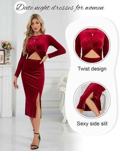 فستان نسائي Bodycon ميدي بأكمام طويلة فستان ضيق مثير مخملي بفتحة جانبية تنورة أمامية لحفلات الكوكتيل in Saudi Arabia