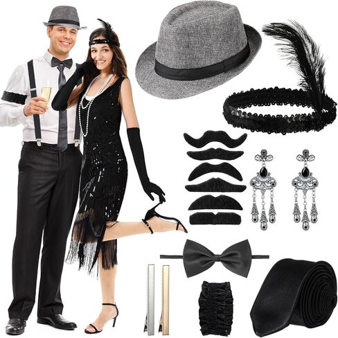 1920s Couple Cosplay Costume Roaring Retro Costume Accessories Set Fringed Dress Outfit Woman and Man Cosplay in Saudi Arabia
